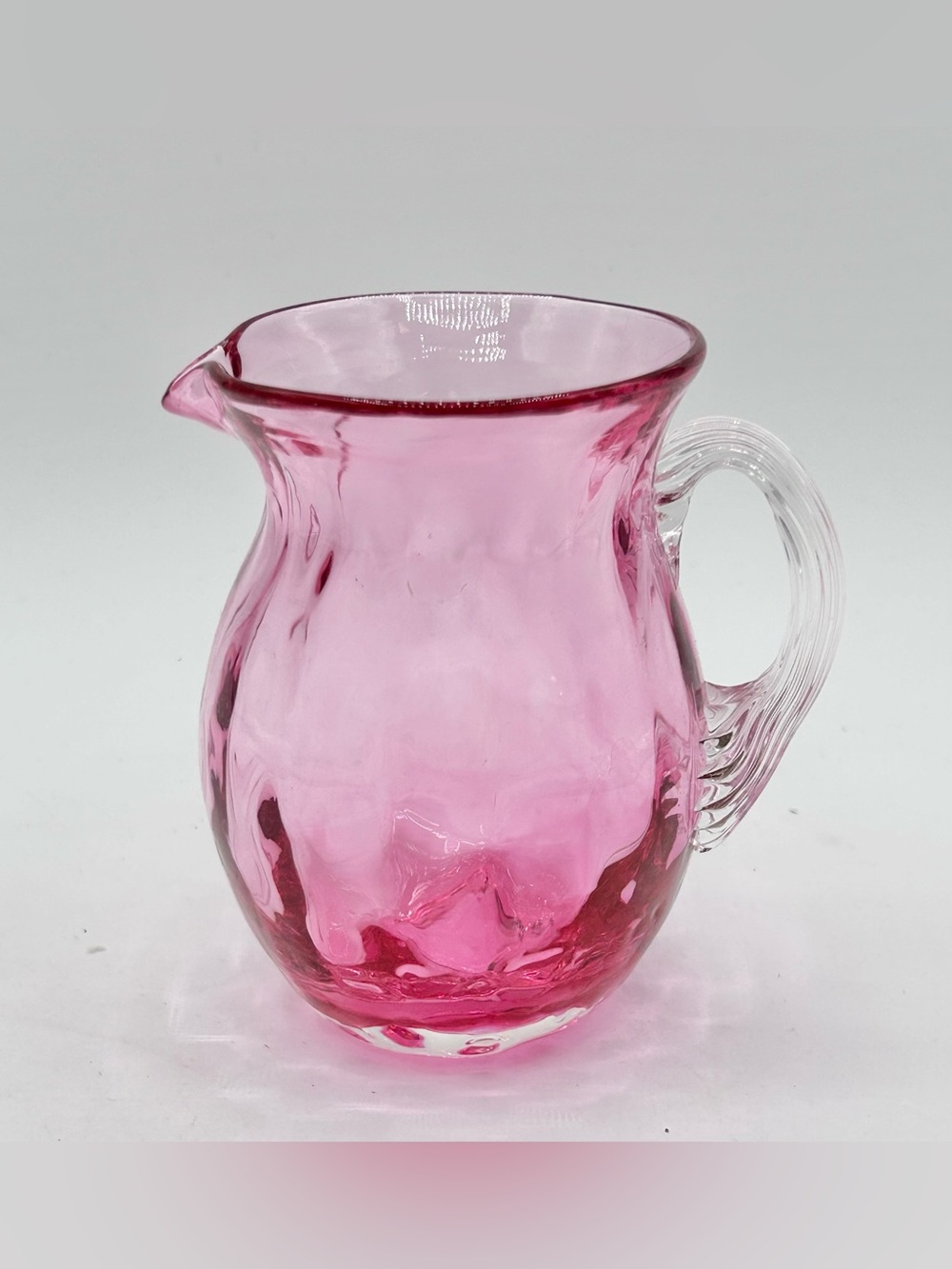 Vintage Fenton Cranberry Glass Creamer Pitcher Dot Clear Ribbed Handle 4"